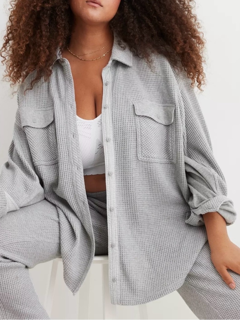 Aerie LumberJane Waffle Shirt Oversized Casual Heather Gray Women’s Medium